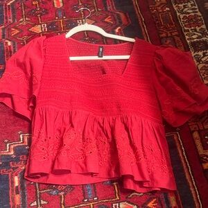 Zara Red Embroidered Square-Neck Women's Top